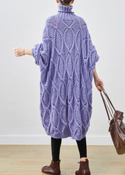 French Purple Turtle Neck Low High Design Cable Long Knit Dress Winter