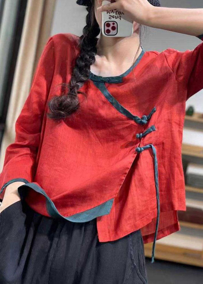 French Red polka dots Asymmetrical Button Linen Blouses Long Sleeve