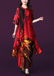 French Red Asymmetrisches Design Print Seidenkleid und Hose mit weitem Bein Zweiteiliges Set Sommer