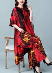 French Red Asymmetrisches Design Print Seidenkleid und Hose mit weitem Bein Zweiteiliges Set Sommer