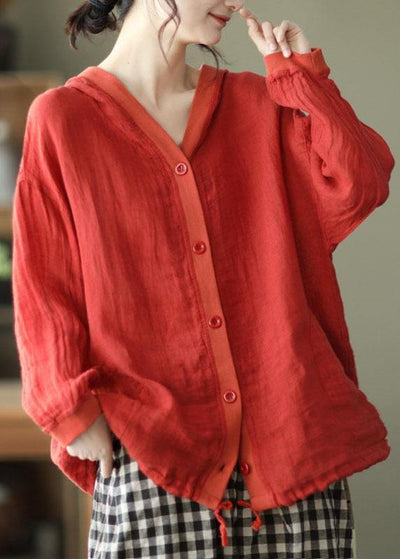 French Red Button hooded Ramie Long sleeve Shirt Tops - bagstylebliss