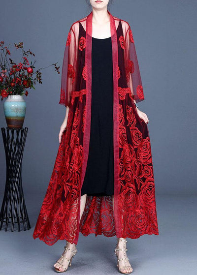 French Red Embroideried Tulle Cardigan Long - bagstylebliss