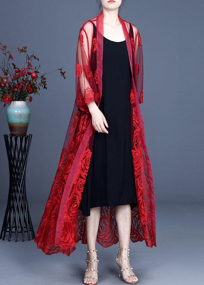 French Red Embroideried Tulle Cardigan Long - bagstylebliss
