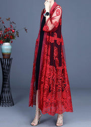 French Red Embroideried Tulle Cardigan Long - bagstylebliss