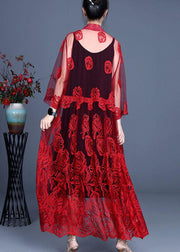 French Red Embroideried Tulle Cardigan Long - bagstylebliss