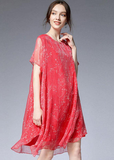 French Red O-Neck Asymmetrical Design Summer Chiffon Dresses Short Sleeve - bagstylebliss