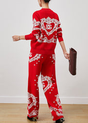 French Red Oversized Jacquard Knit Two Pieces Set Spring