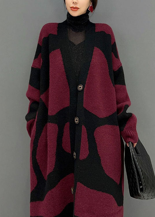 French Red Oversized Print Knit Long Cardigan Winter