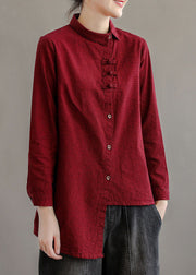 Französisches rotes Patchwork-Baumwollhemd mit Peter-Pan-Kragen und langen Ärmeln