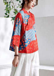 French Red Print Button Summer Ramie Shirt Tops - bagstylebliss