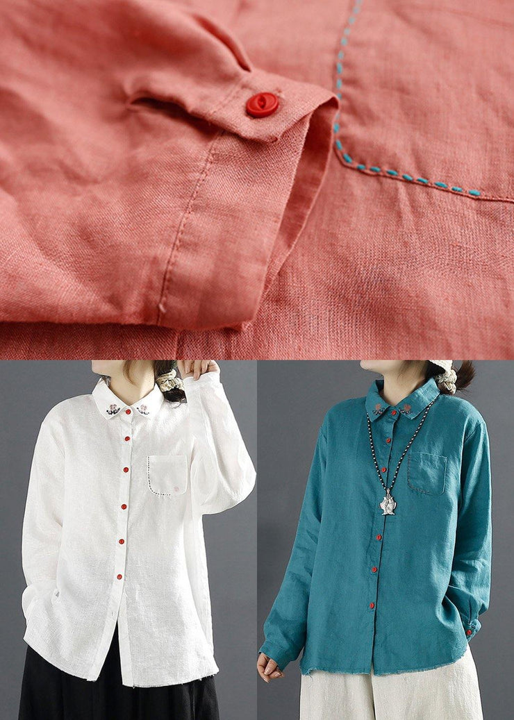 French Red Shirts Lapel Embroidery Blouses - bagstylebliss