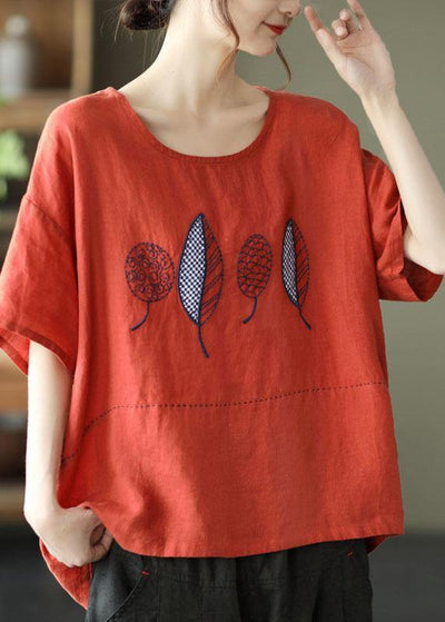 French Red Summer O-Neck Embroideried Linen Half Sleeve T Shirt - bagstylebliss