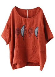 French Red Summer O-Neck Embroideried Linen Half Sleeve T Shirt - bagstylebliss