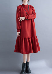 French Red Turtleneck Ruffled Patchwork Thick Maxi Dresses Fall