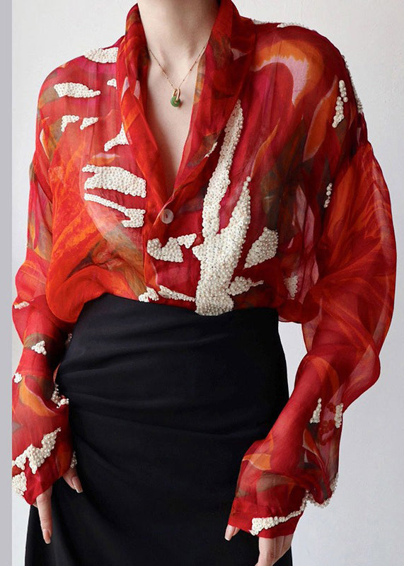 French Red V Neck Print Patchwork Silk Shirts Top Fall