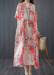 French Red Wrinkled V Neck Floral Linen Long Dress Short Sleeve