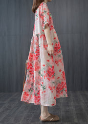 French Red Wrinkled V Neck Floral Linen Long Dress Short Sleeve