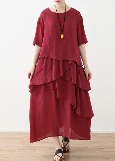 French Red asymmetrical Design Patchwork Cotton Linen Dress - bagstylebliss