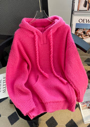 French Rose Hooded Drawstring Knit Sweatshirts Top Winter