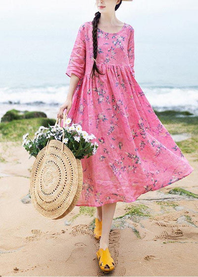 French Rose Print Cinched Pockets Maxi Summer Linen Dress - bagstylebliss