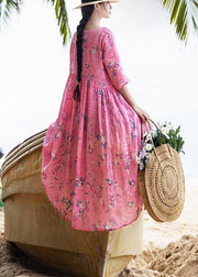 French Rose Print Cinched Pockets Maxi Summer Linen Dress - bagstylebliss