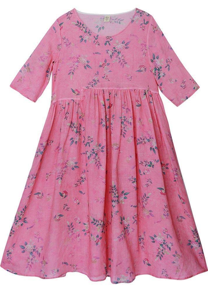 French Rose Print Cinched Pockets Maxi Summer Linen Dress - bagstylebliss