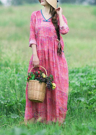 French Rose Print Clothes Women V Neck Patchwork Maxi Spring Dress - bagstylebliss