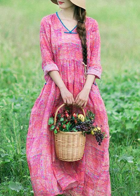 French Rose Print Clothes Women V Neck Patchwork Maxi Spring Dress - bagstylebliss
