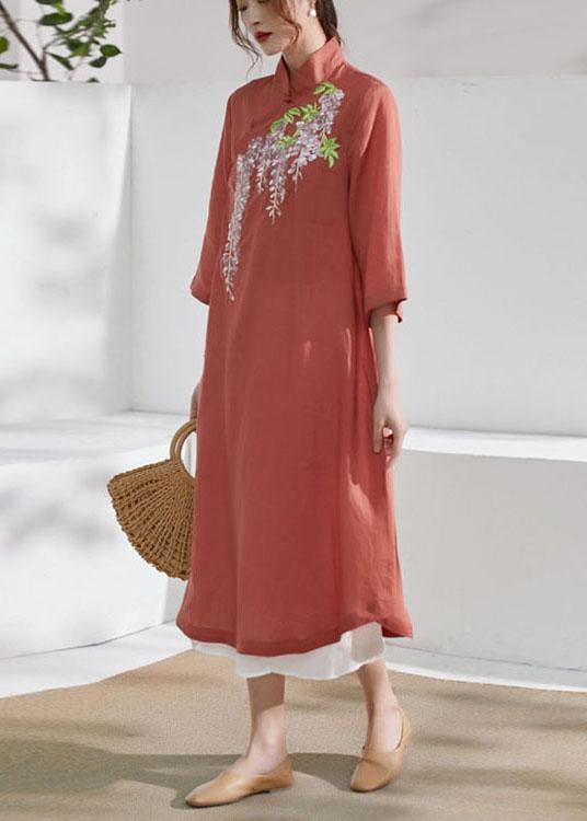 French Rust Embroideried Patchwork Button Summer Ramie Summer Dresses Half Sleeve - bagstylebliss