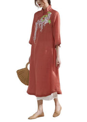 French Rust Embroideried Patchwork Button Summer Ramie Summer Dresses Half Sleeve - bagstylebliss