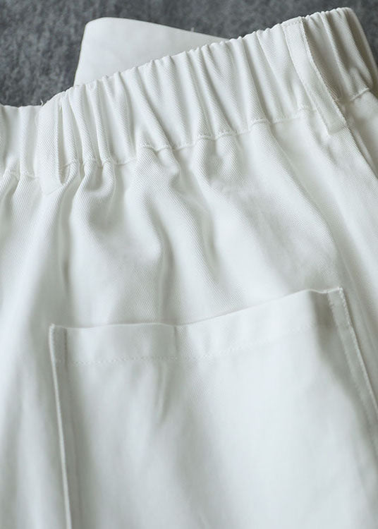 French Solid White Elastic Waist Asymmetrical Button Cotton Wide Leg Crop Pant Summer