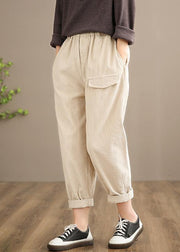 French Spring Trousers Plus Size Beige Inspiration Elastic Waist Pockets Pant - bagstylebliss