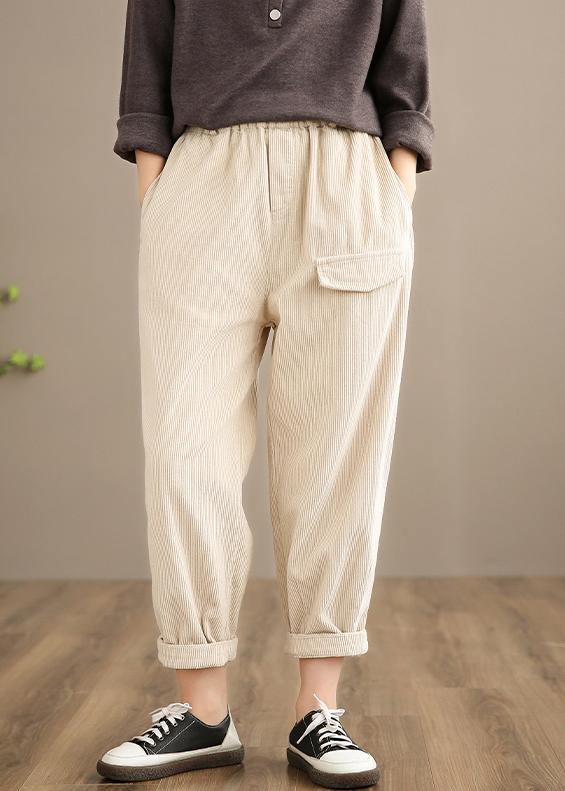French Spring Trousers Plus Size Beige Inspiration Elastic Waist Pockets Pant - bagstylebliss
