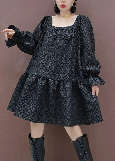 French Square Collar Patchwork Spring Tunic Sewing Black Flower Dress - bagstylebliss