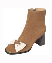 French Square Toe Thick Heel Bow Splicing Brown Suede Boots