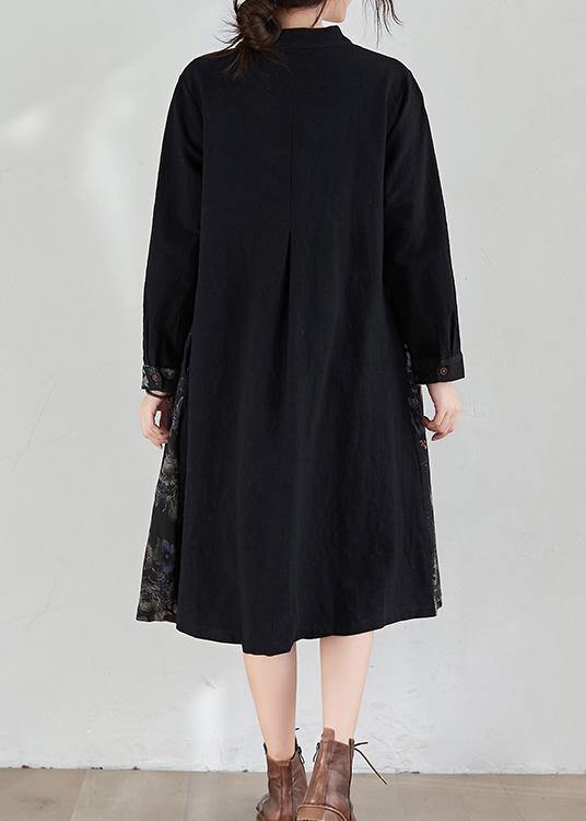 French Stand Collar Patchwork Spring Tunic Pattern Fabrics Black Print Dress - bagstylebliss