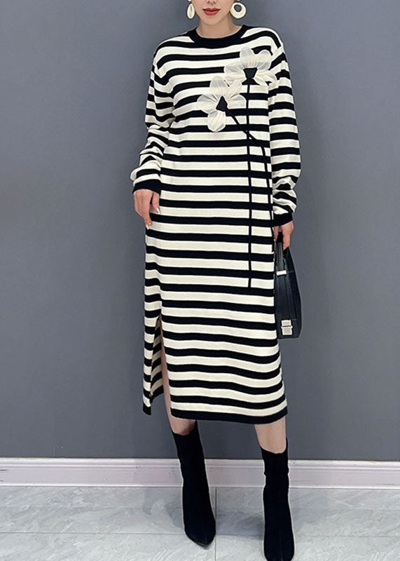 French Striped O-Neck Floral Side Open Holiday Long Dress Long Sleeve