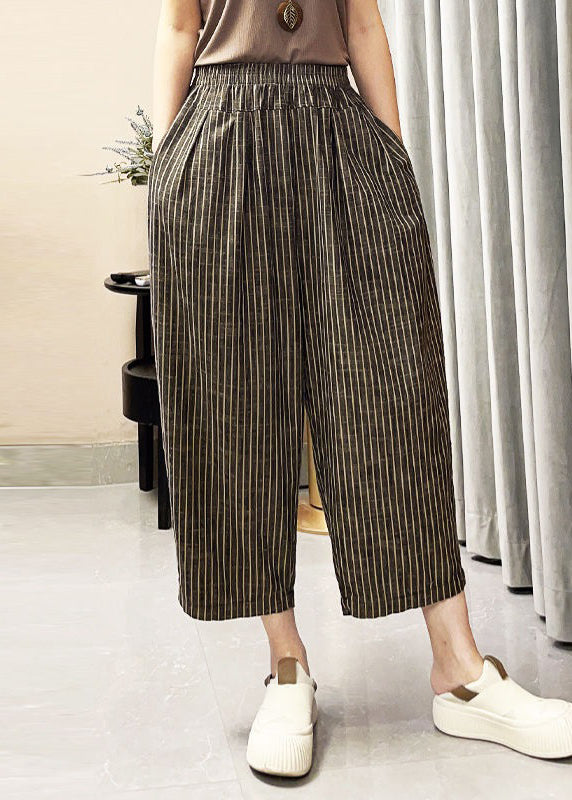 French Striped Pockets Elastic Waist Cotton Crop Pants Summer