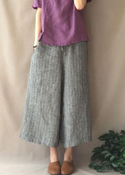 French Summer Women Pants Vintage Gray Striped Fabrics Pockets Pant - bagstylebliss
