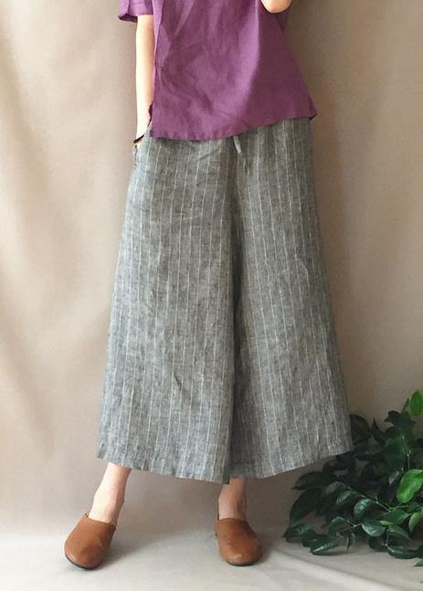 French Summer Women Pants Vintage Gray Striped Fabrics Pockets Pant - bagstylebliss