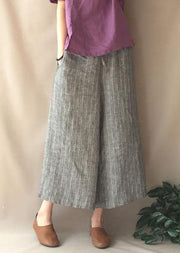 French Summer Women Pants Vintage Gray Striped Fabrics Pockets Pant - bagstylebliss