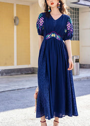 French Tibetan Blue Embroideried Patchwork Silk Maxi Dresses Spring