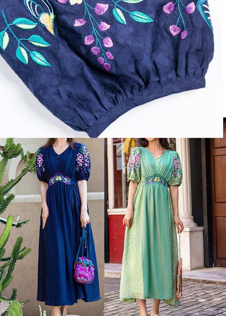 French Tibetan Blue Embroideried Patchwork Silk Maxi Dresses Spring