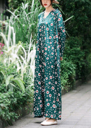 French Green Daisy Print Summer Dress Long Caftan Sundress - bagstylebliss