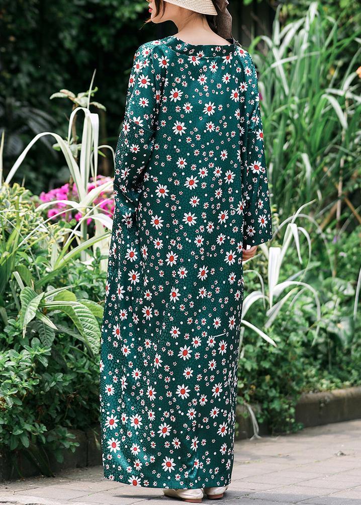 French Green Daisy Print Summer Dress Long Caftan Sundress - bagstylebliss