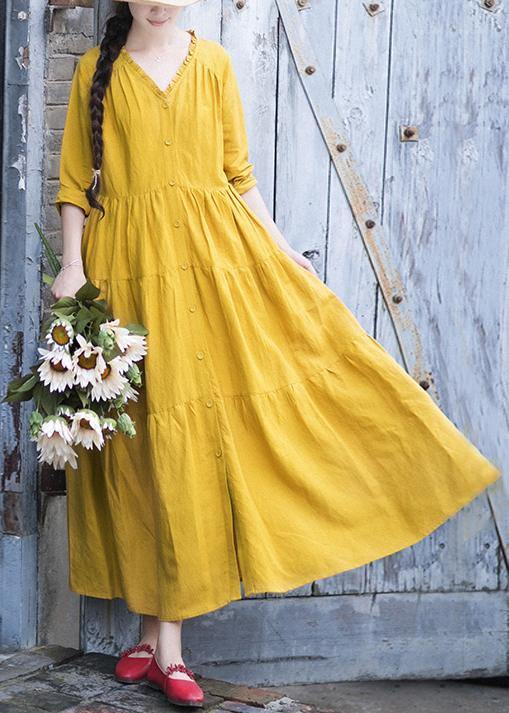 French V Neck Patchwork Spring Dresses Fabrics Yellow Plus Size Dresses - bagstylebliss