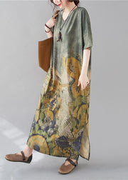 French V Neck Side Open Spring Tunic Dress Peacock Print Kaftan Dress - bagstylebliss