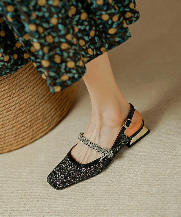 French Versatile Rhinestone Sequin Square Toe Chunky Sandals