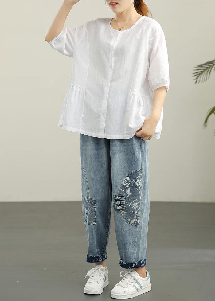 French White Brief Casual Linen Summer Blouse Top - bagstylebliss