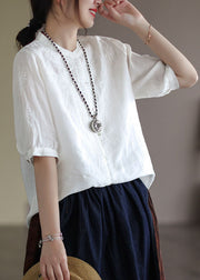 French White Button Embroidered Cotton Shirts Half Sleeve